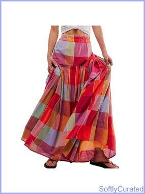 Gingham Plaid Tiered Maxi Skirt High Waisted A-Line Flowy Summer Boho